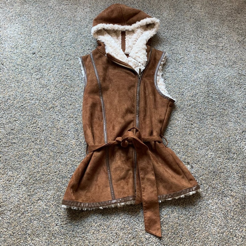 Faux Suede/Fur Hooded Zipper Vest w/Belted Tie